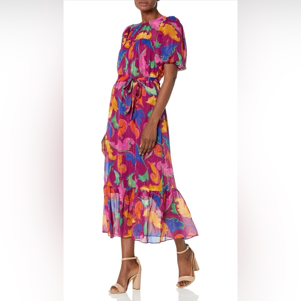NWT Donna Morgan Women's Puff Elbow Sleeve Maxi Dress, Ripe Plum/Azalea
